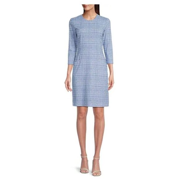 J. McLaughlin Catalyst Dress Stretch Crew Neck 3/4 Sleeve Sheath Blue White XS - Picture 1 of 11